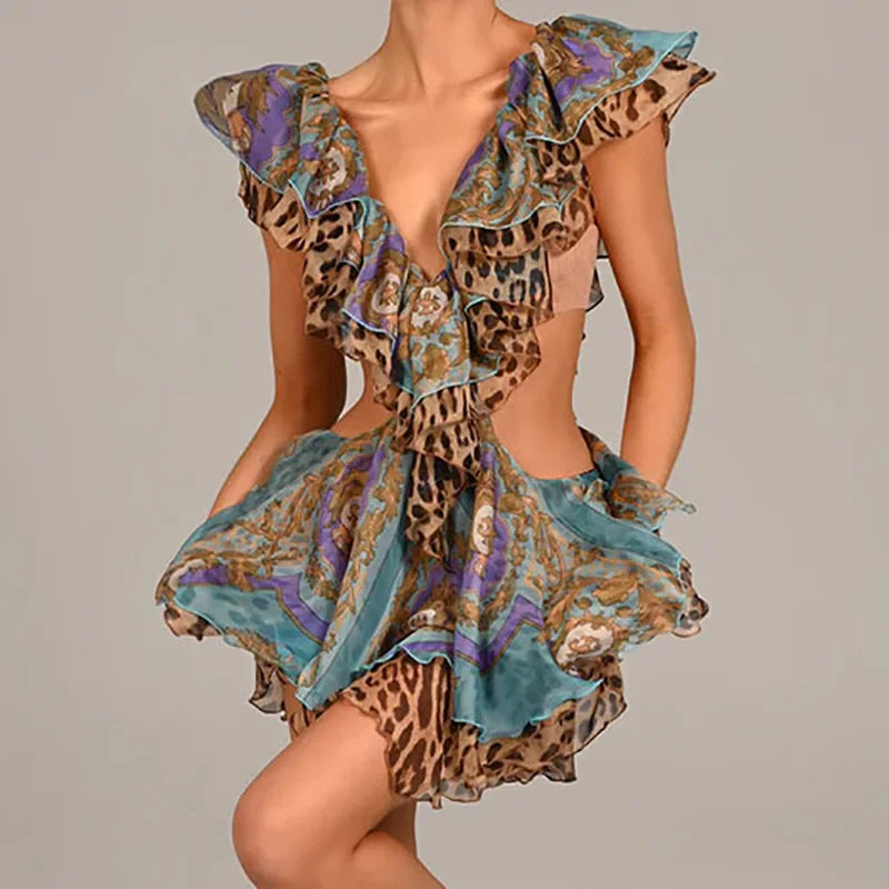 Elegant Casual Sleeveless Pleat Ruffle Deep V-neck Print Hollow Chiffon Mini Dress