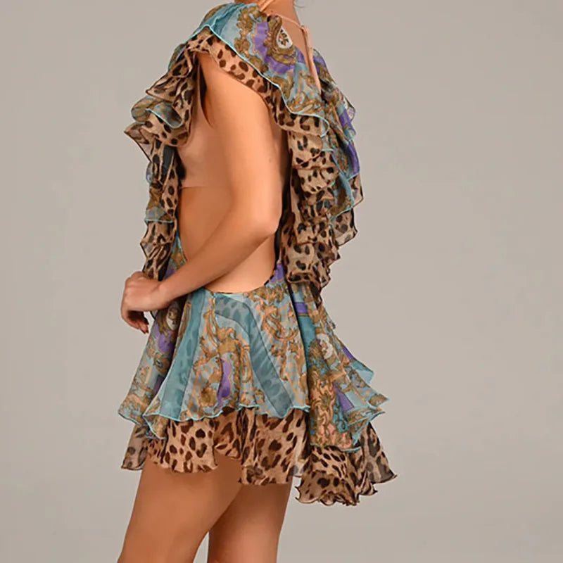 Elegant Casual Sleeveless Pleat Ruffle Deep V-neck Print Hollow Chiffon Mini Dress
