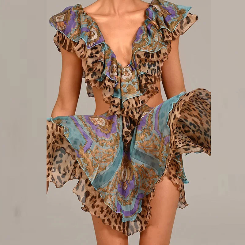 Elegant Casual Sleeveless Pleat Ruffle Deep V-neck Print Hollow Chiffon Mini Dress