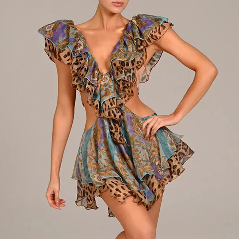 Elegant Casual Sleeveless Pleat Ruffle Deep V-neck Print Hollow Chiffon Mini Dress