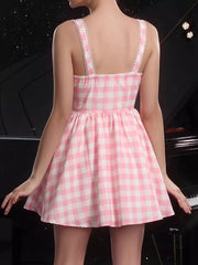 Elegant Check Plaid Sleeveless Mini Dress With Sweetheart Neckline