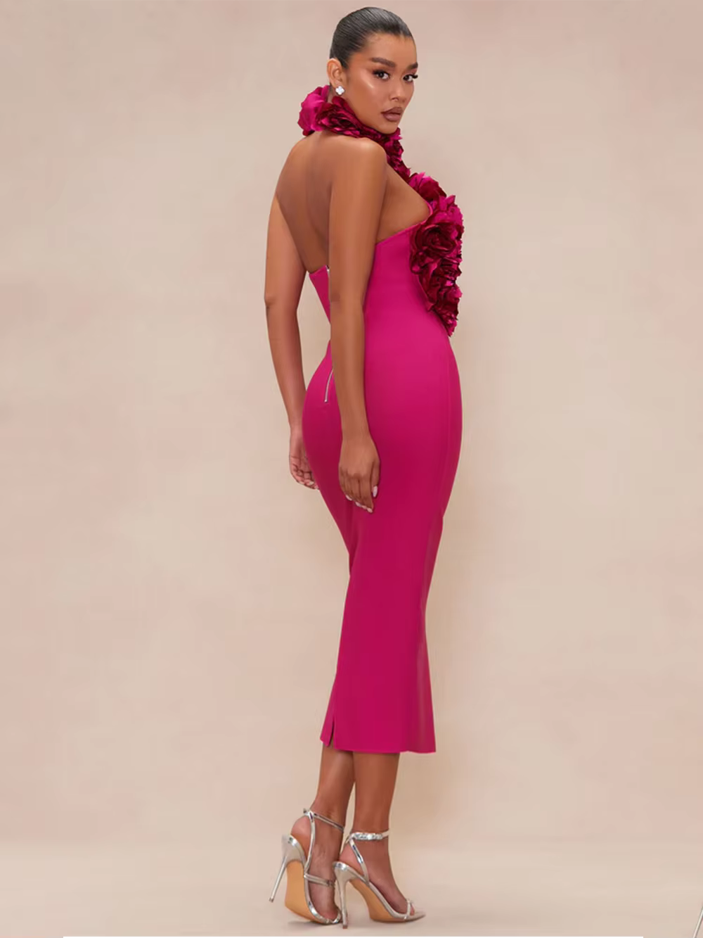 Elegant Chest Wrapping Halter 3D Flower Bodycon Bandage Midi Dress