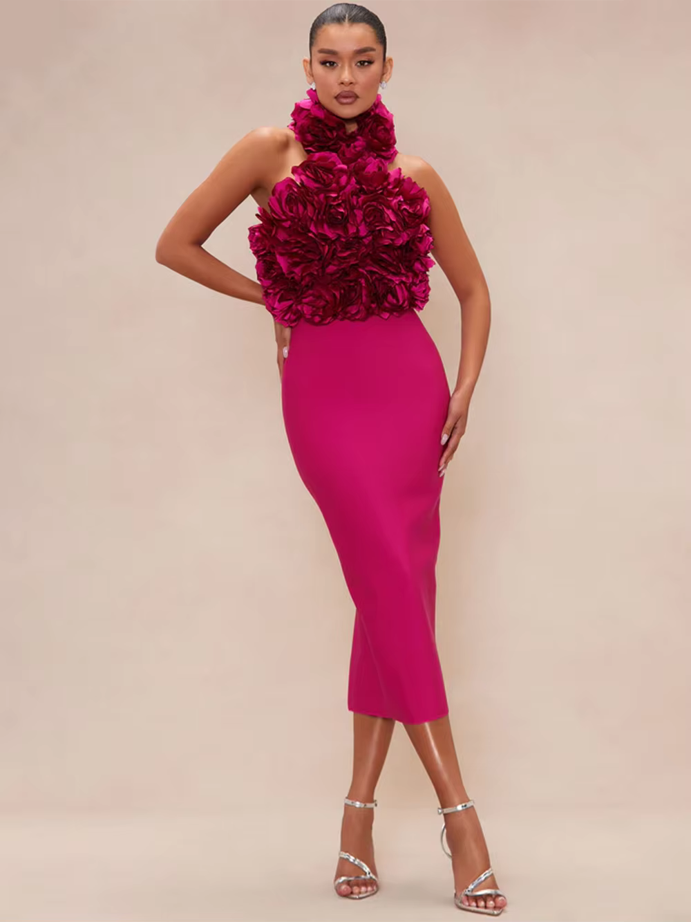Elegant Chest Wrapping Halter 3D Flower Bodycon Bandage Midi Dress