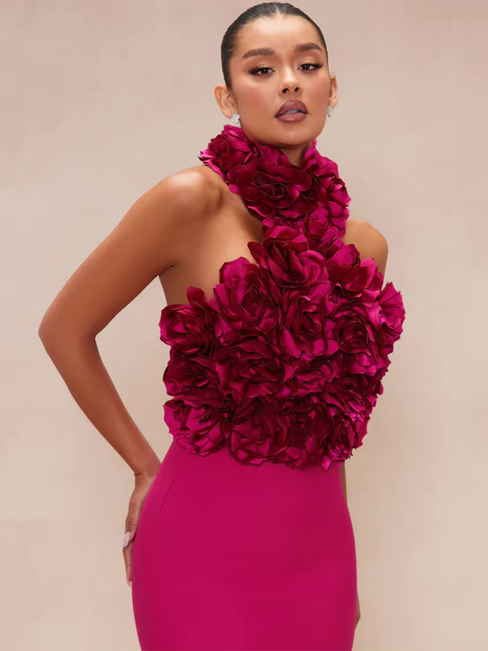 Elegant Chest Wrapping Halter 3D Flower Bodycon Bandage Midi Dress