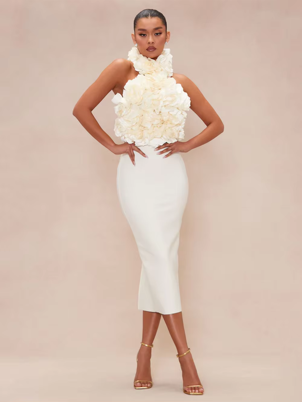 Elegant Chest Wrapping Halter 3D Flower Bodycon Bandage Midi Dress