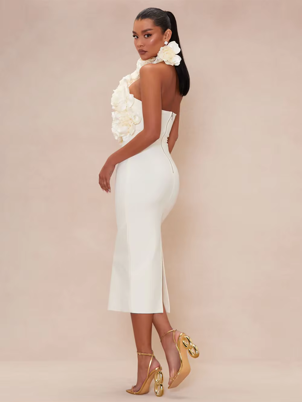 Elegant Chest Wrapping Halter 3D Flower Bodycon Bandage Midi Dress