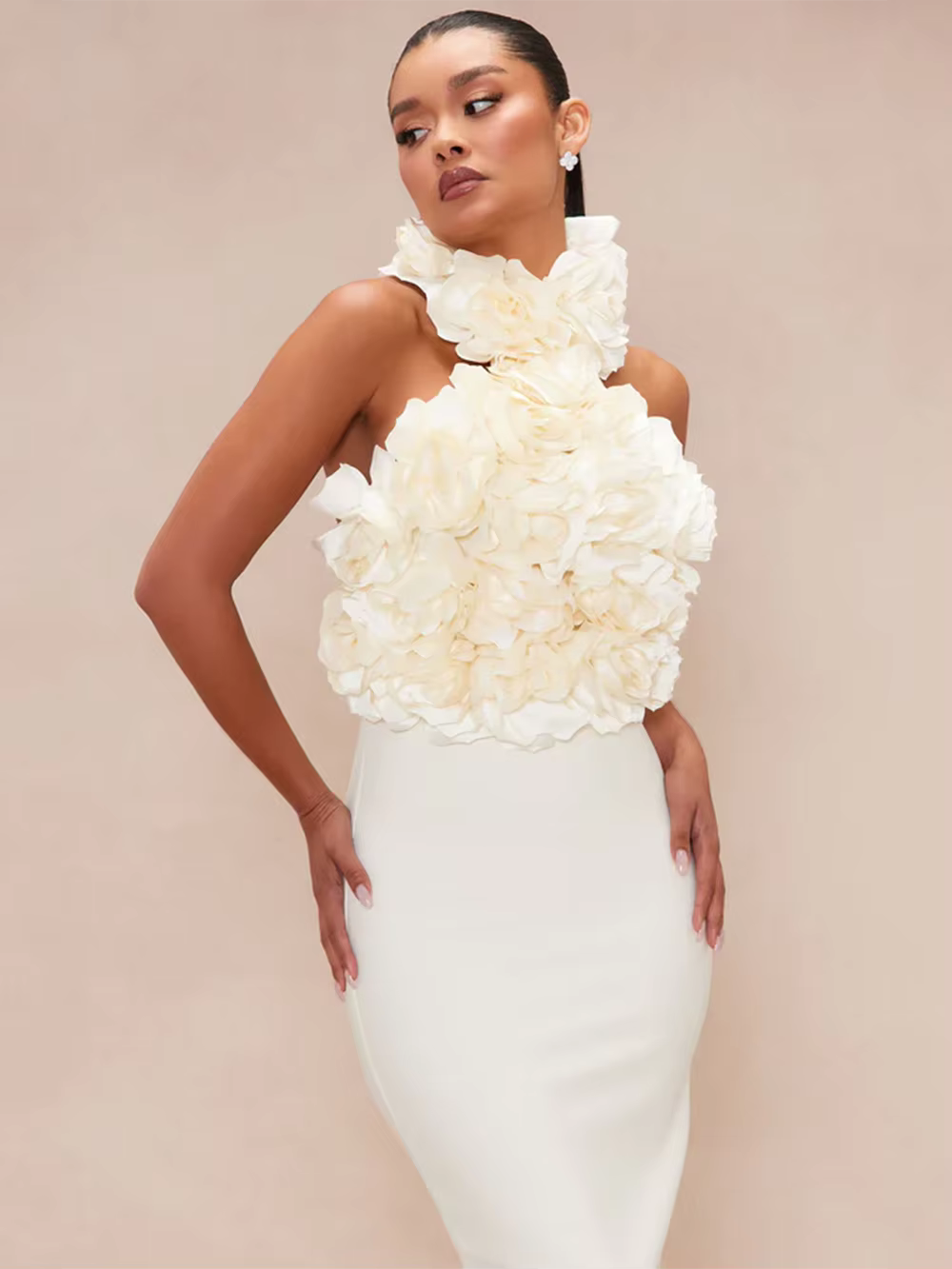 Elegant Chest Wrapping Halter 3D Flower Bodycon Bandage Midi Dress