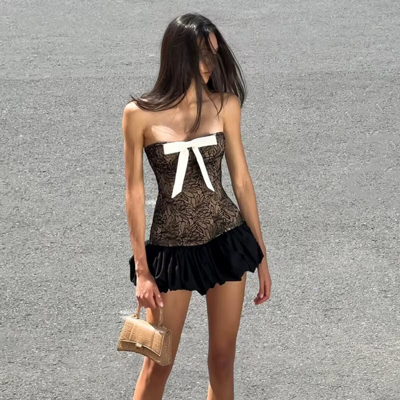 Elegant Chest Wrapping Knitted Lace Bow Print Sleeveless Mini Dress