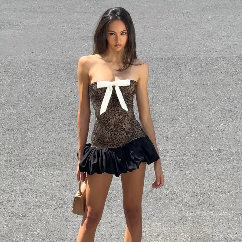 Elegant Chest Wrapping Knitted Lace Bow Print Sleeveless Mini Dress