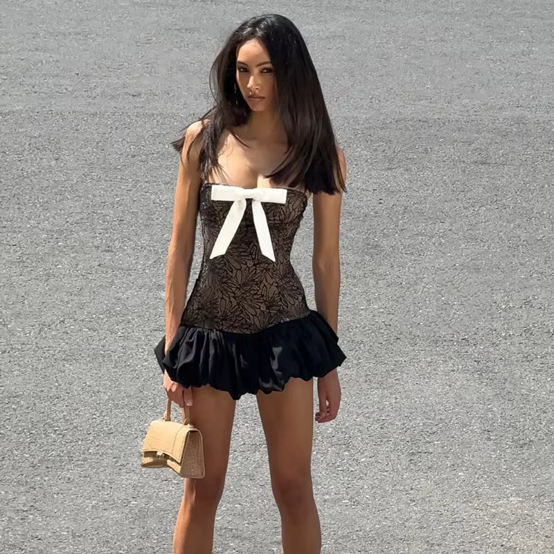 Elegant Chest Wrapping Knitted Lace Bow Print Sleeveless Mini Dress