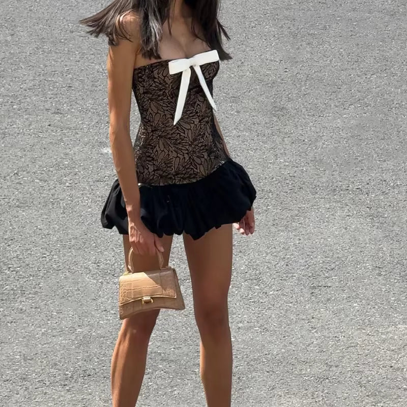Elegant Chest Wrapping Knitted Lace Bow Print Sleeveless Mini Dress