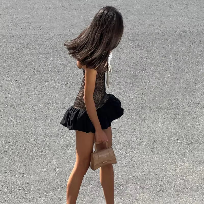 Elegant Chest Wrapping Knitted Lace Bow Print Sleeveless Mini Dress