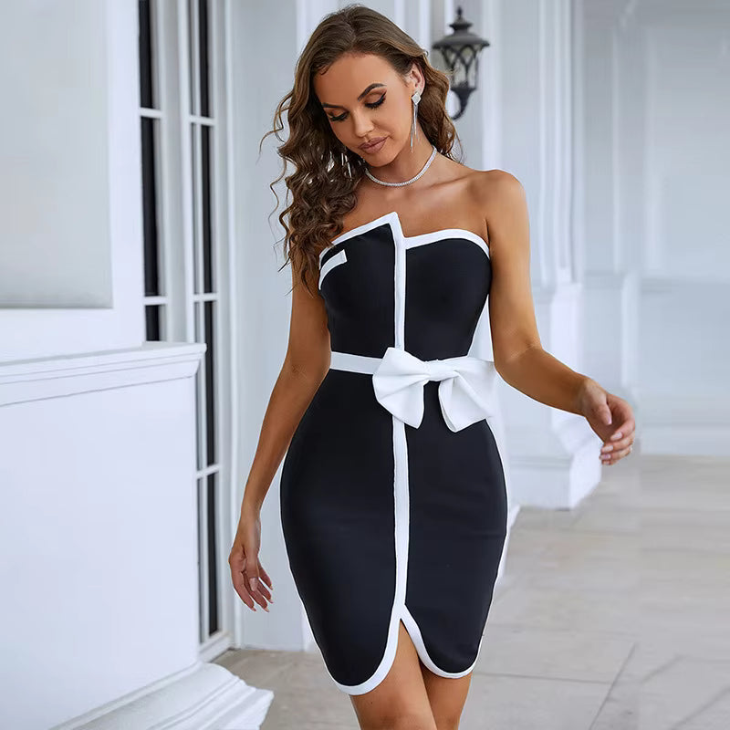 Elegant Chest Wrapping Patchwork Bandage Strapless Bodycon Mini Dress