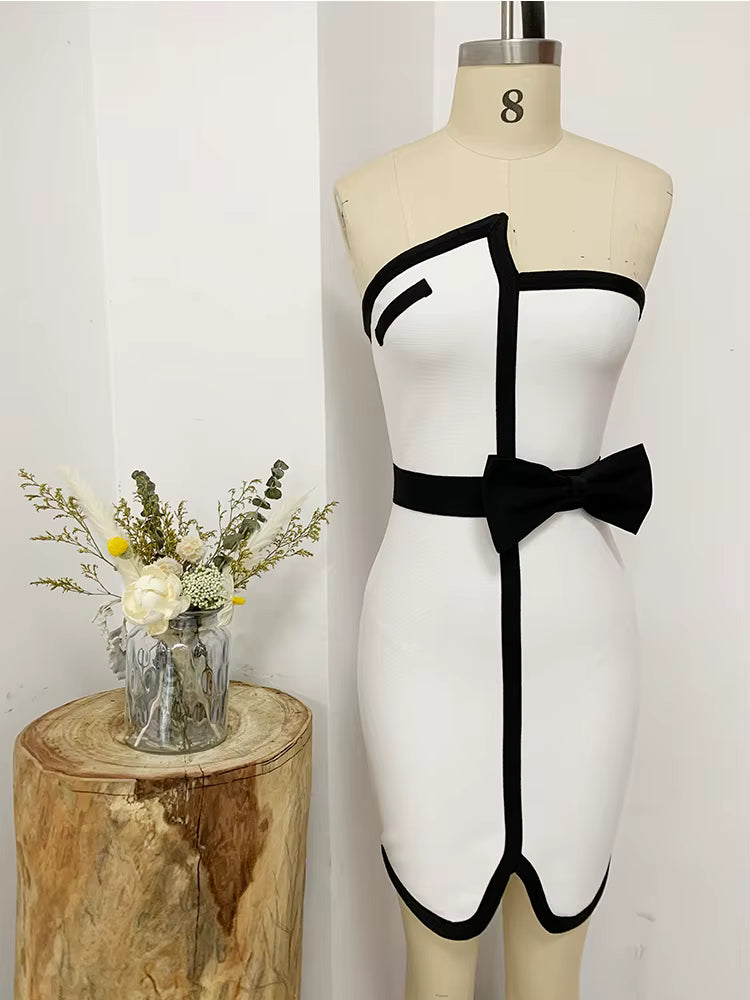 Elegant Chest Wrapping Patchwork Bandage Strapless Bodycon Mini Dress