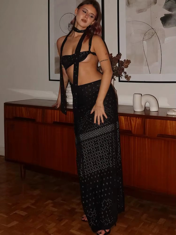 Elegant Chest Wrapping Printed Sheath Long Robe And Scarf Split Maxi Dress