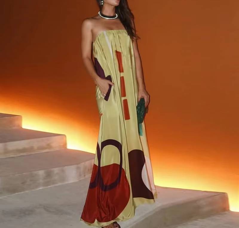 Elegant Chest Wrapping Sleeveless Print Long Strapless Loose Maxi Dress