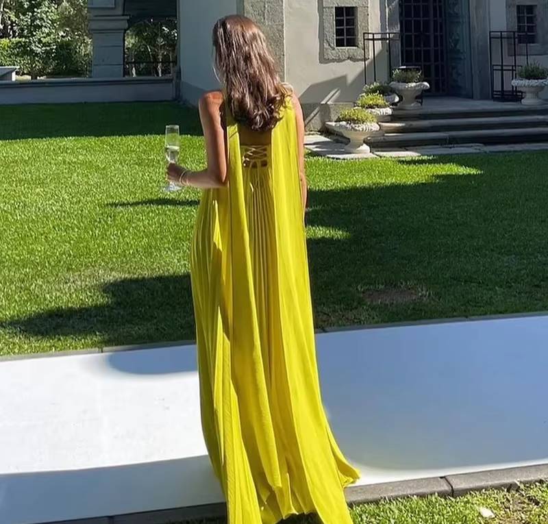 Elegant Chest Wrapping Sleeveless Strapless Ribbon Pleated Maxi Dress