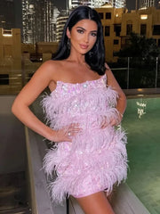 Elegant Chest wrapping Strapless Slim Sequin Feather Mini Dress