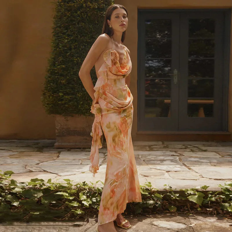Elegant Chic 3D Floral Printed Halter Backless Sleeveless Holidays Party Dress