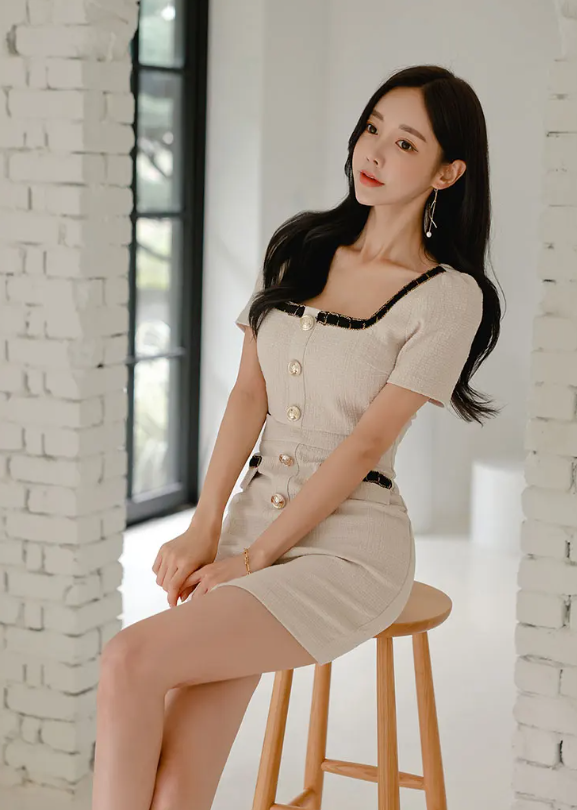 Elegant Chic Buttons Simple Sheath Pencil Short Dress