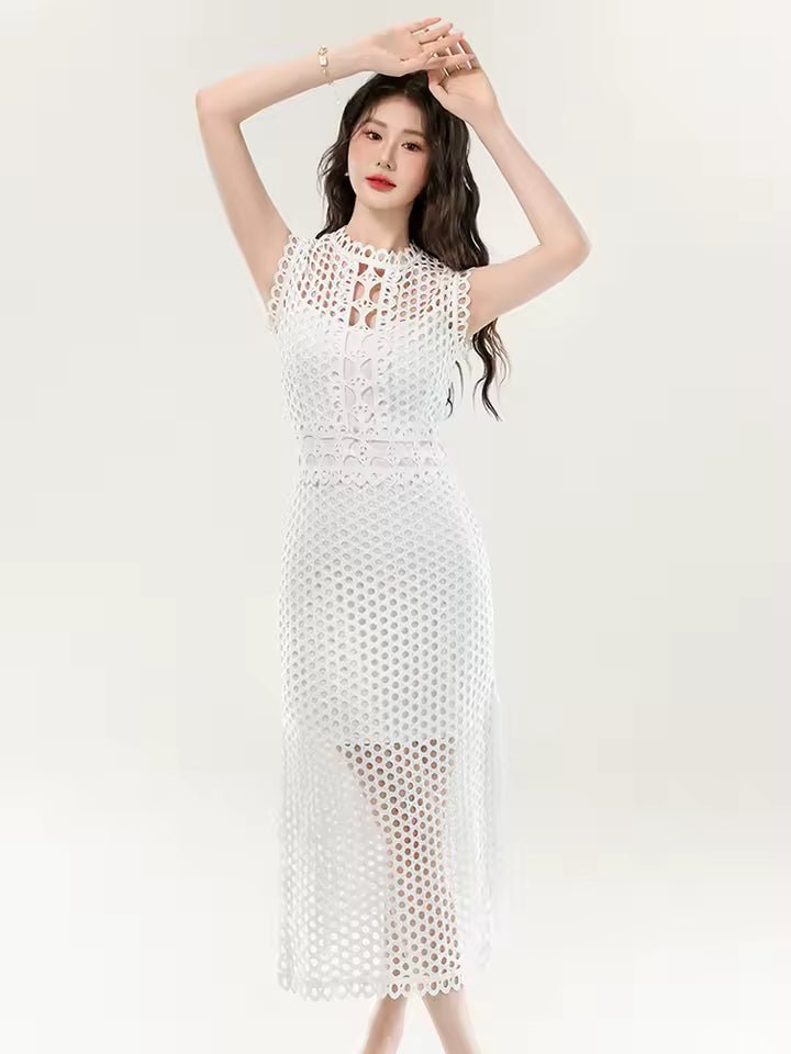 Elegant Chic Hollow Out O-Neck Sleeveless Sling Skinny 2 Piece Set