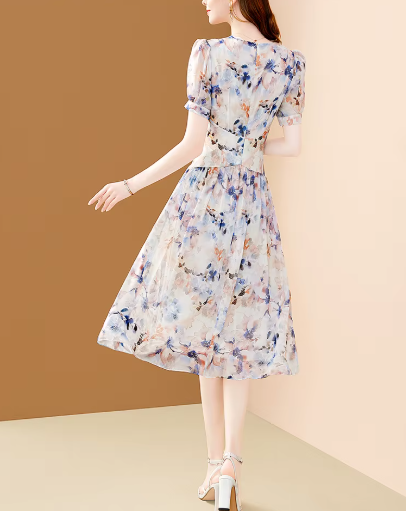 Elegant Chic Irregular Ruffles Floral Printing Office A-line Chiffon Dress