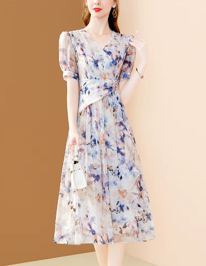 Elegant Chic Irregular Ruffles Floral Printing Office A-line Chiffon Dress