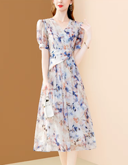 Elegant Chic Irregular Ruffles Floral Printing Office A-line Chiffon Dress