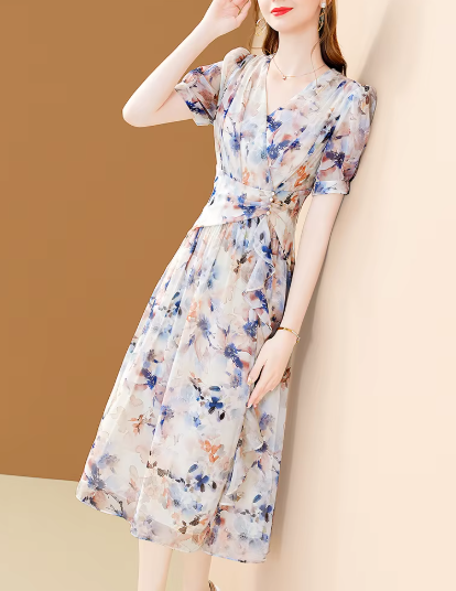 Elegant Chic Irregular Ruffles Floral Printing Office A-line Chiffon Dress