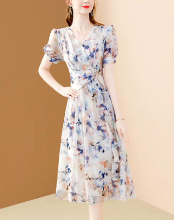 Elegant Chic Irregular Ruffles Floral Printing Office A-line Chiffon Dress