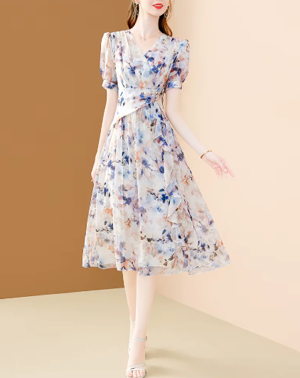 Elegant Chic Irregular Ruffles Floral Printing Office A-line Chiffon Dress