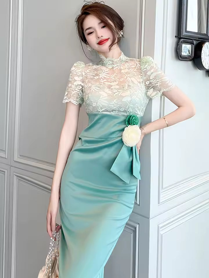 Elegant Chic Lace Spliced Satin Sheer Short Sleeve Evening Midi Dress
