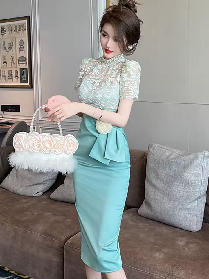 Elegant Chic Lace Spliced Satin Sheer Short Sleeve Evening Midi Dress