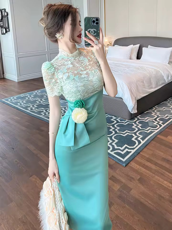 Elegant Chic Lace Spliced Satin Sheer Short Sleeve Evening Midi Dress