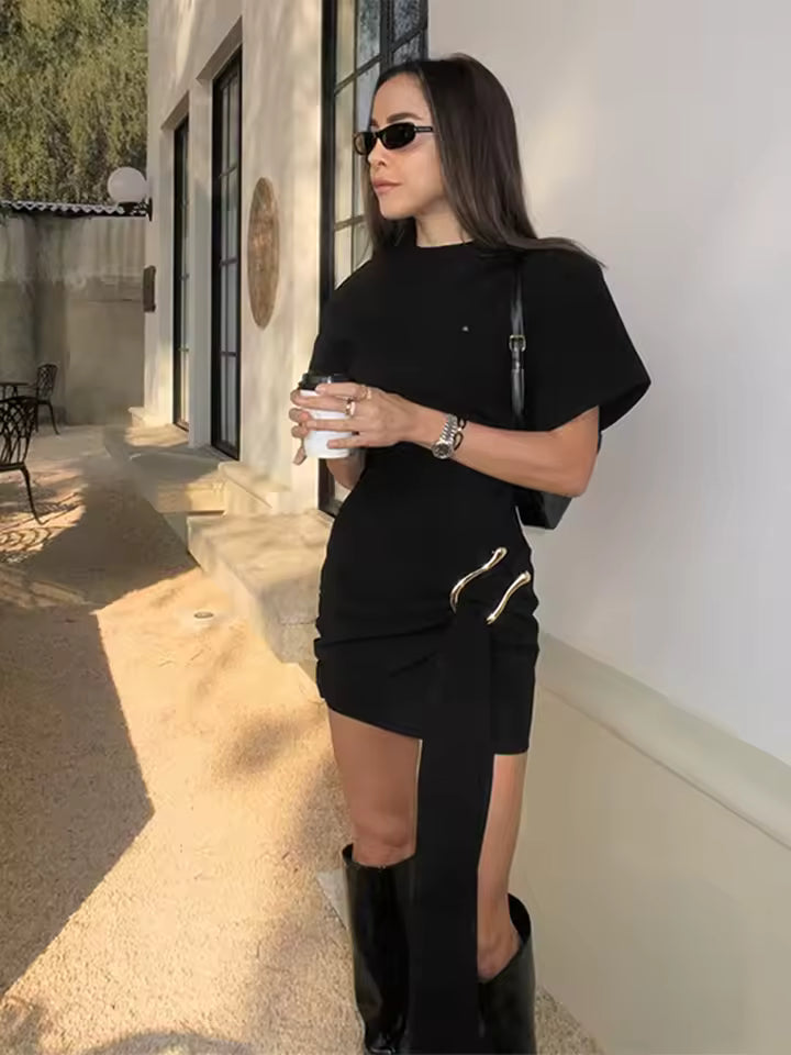Elegant Chic O Neck Short Sleeves Patchwork Ribbon Vestidos Mini Dress