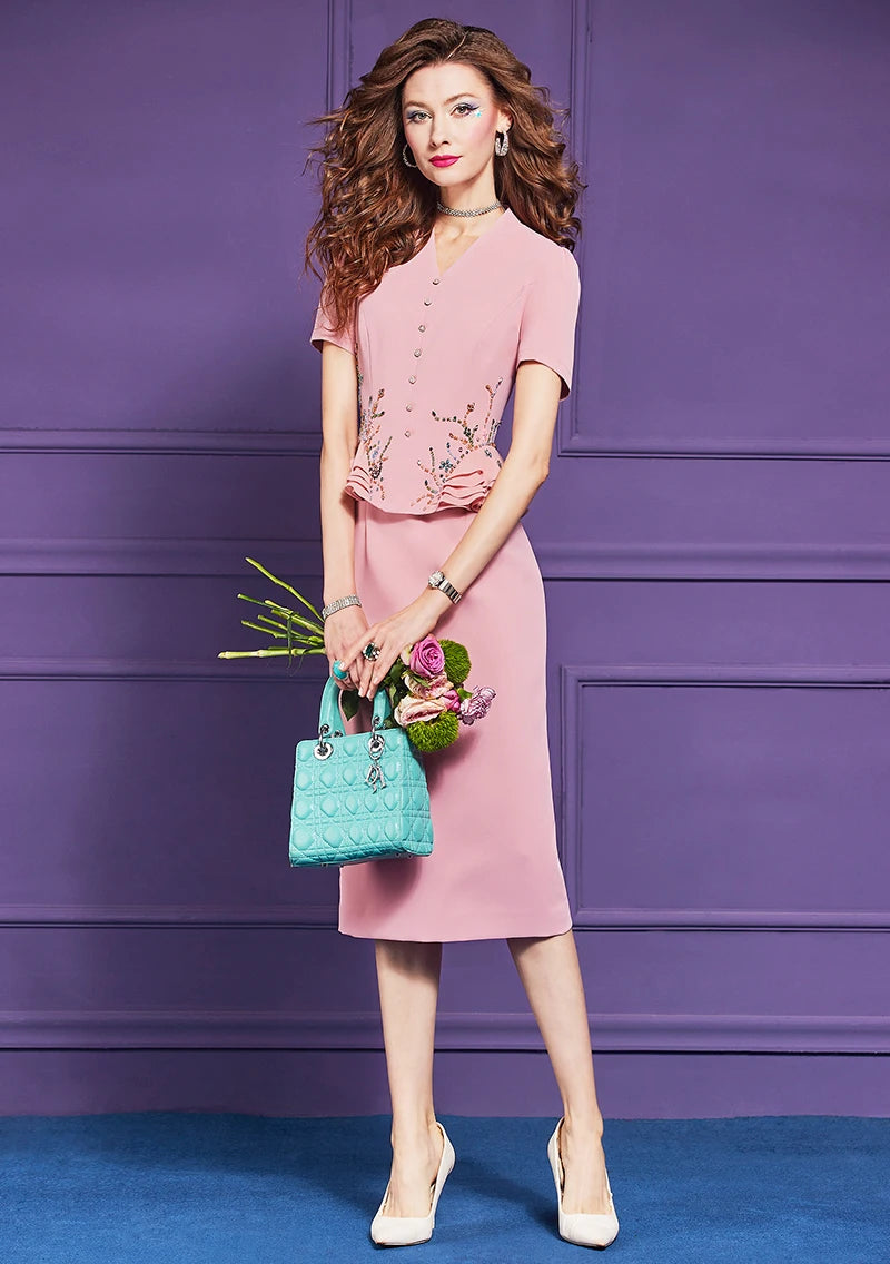 Elegant Chic Short Sleeve Ruffles Patchwork Beading Party Knee Length Dress