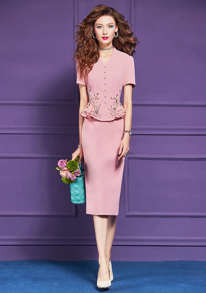 Elegant Chic Short Sleeve Ruffles Patchwork Beading Party Knee Length Dress