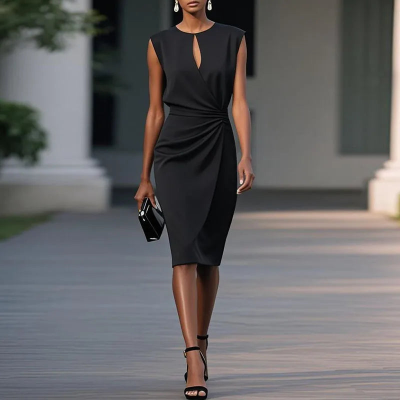 Elegant Chic Sleeveless Pleated Solid Retro Hollow Out O Neck Spliced Commute Dress