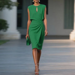Elegant Chic Sleeveless Pleated Solid Retro Hollow Out O Neck Spliced Commute Dress