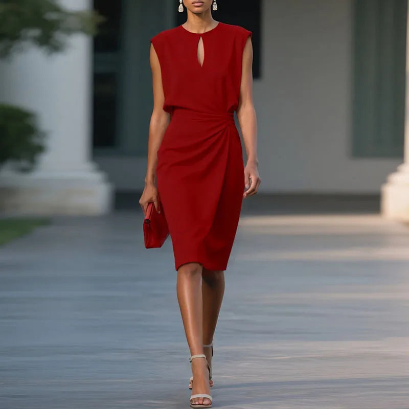 Elegant Chic Sleeveless Pleated Solid Retro Hollow Out O Neck Spliced Commute Dress