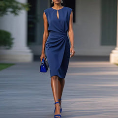 Elegant Chic Sleeveless Pleated Solid Retro Hollow Out O Neck Spliced Commute Dress