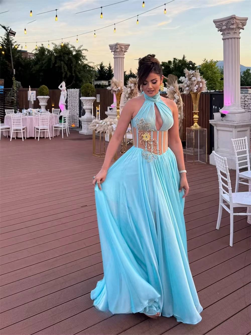 Elegant Chiffon A-line Floor Length Party Prom Bridal Maxi Dress