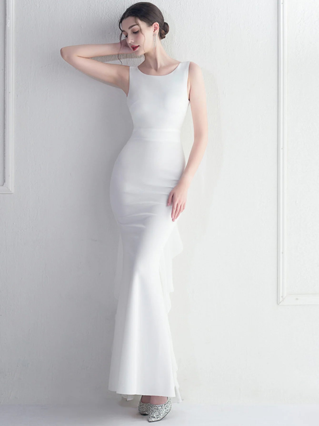 Elegant Chiffon Backless Rhinestone Wedding Prom Long Maxi Dress