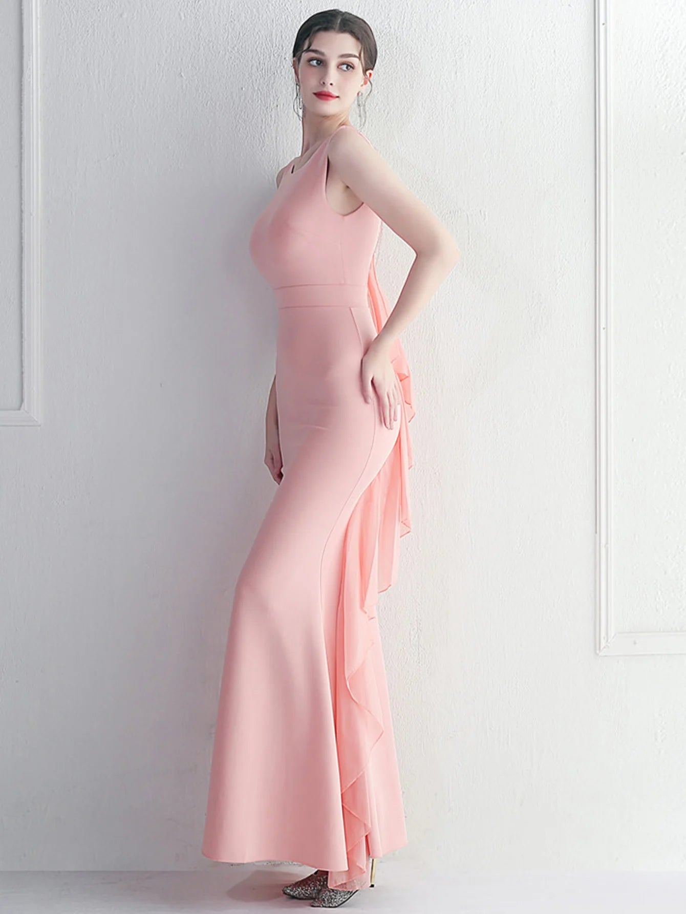 Elegant Chiffon Backless Rhinestone Wedding Prom Long Maxi Dress