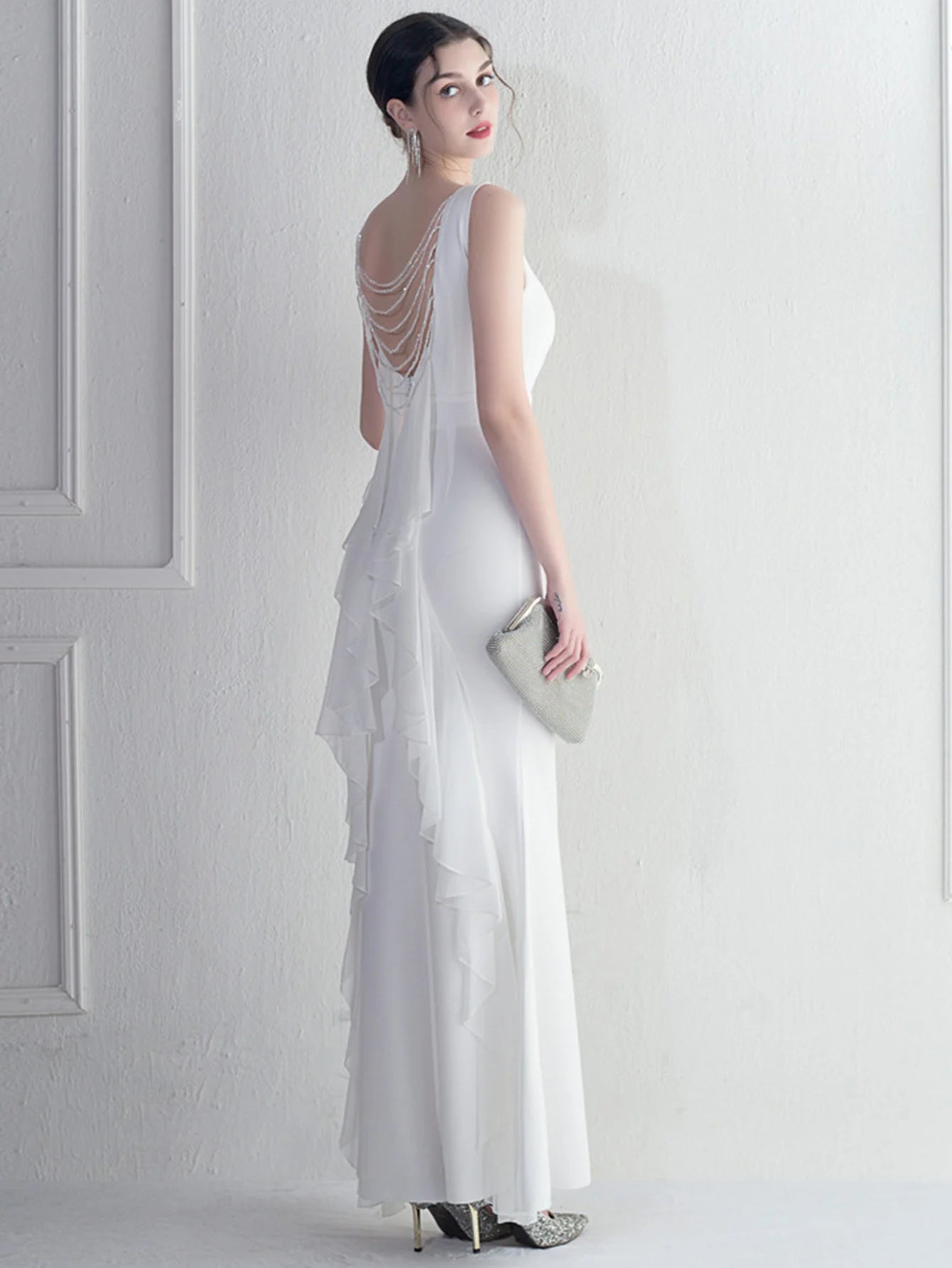 Elegant Chiffon Backless Rhinestone Wedding Prom Long Maxi Dress