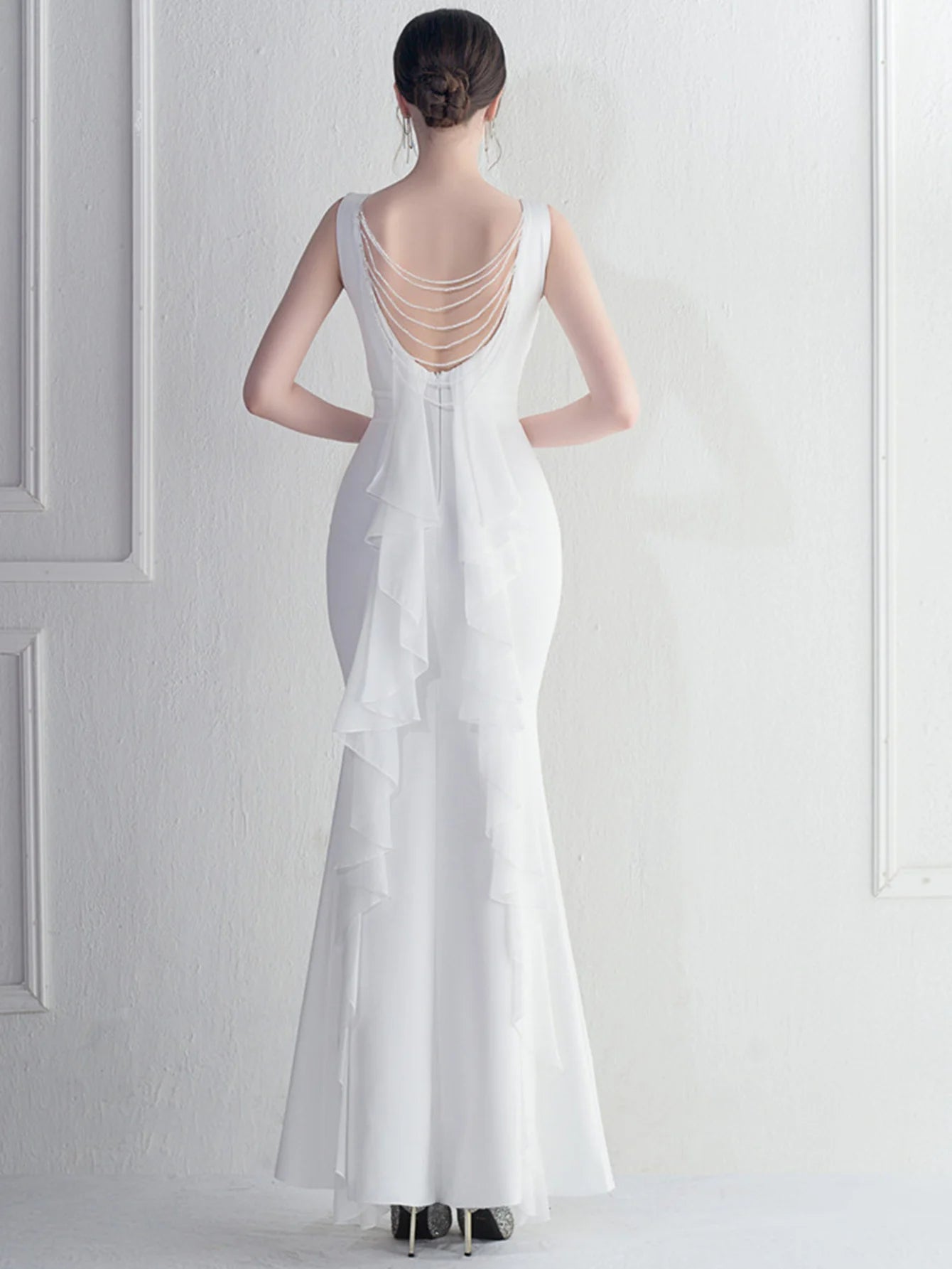 Elegant Chiffon Backless Rhinestone Wedding Prom Long Maxi Dress
