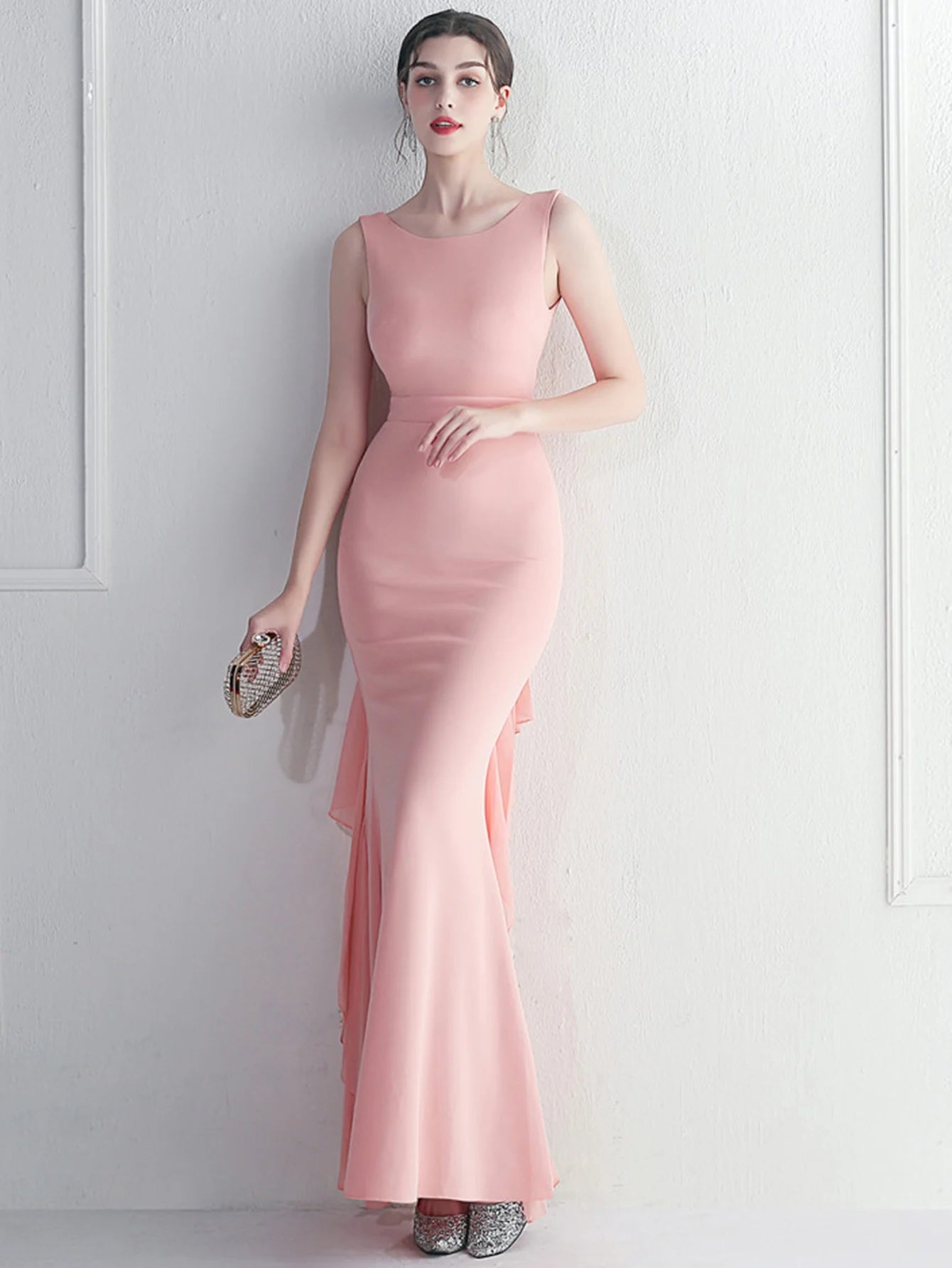 Elegant Chiffon Backless Rhinestone Wedding Prom Long Maxi Dress