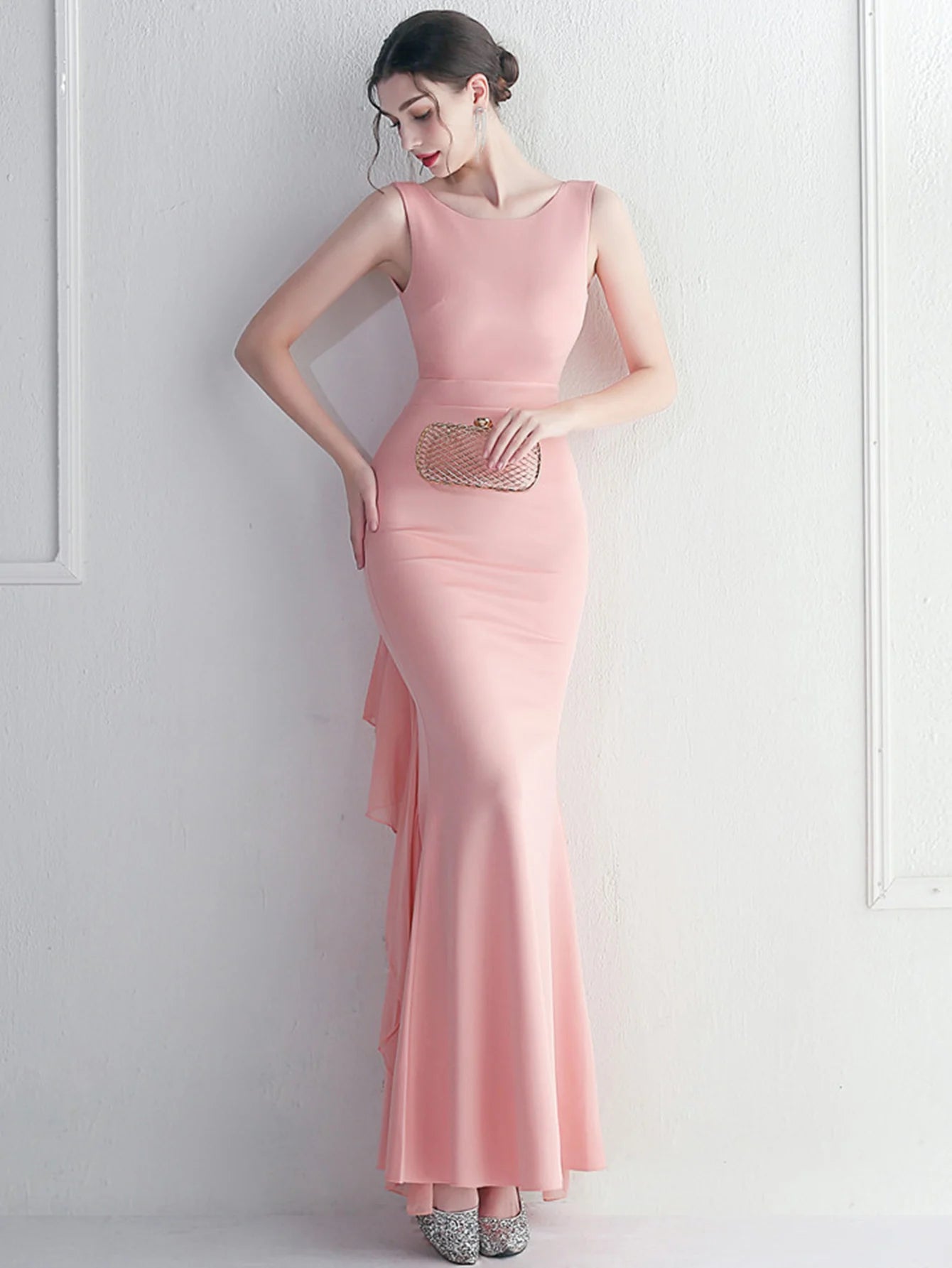 Elegant Chiffon Backless Rhinestone Wedding Prom Long Maxi Dress