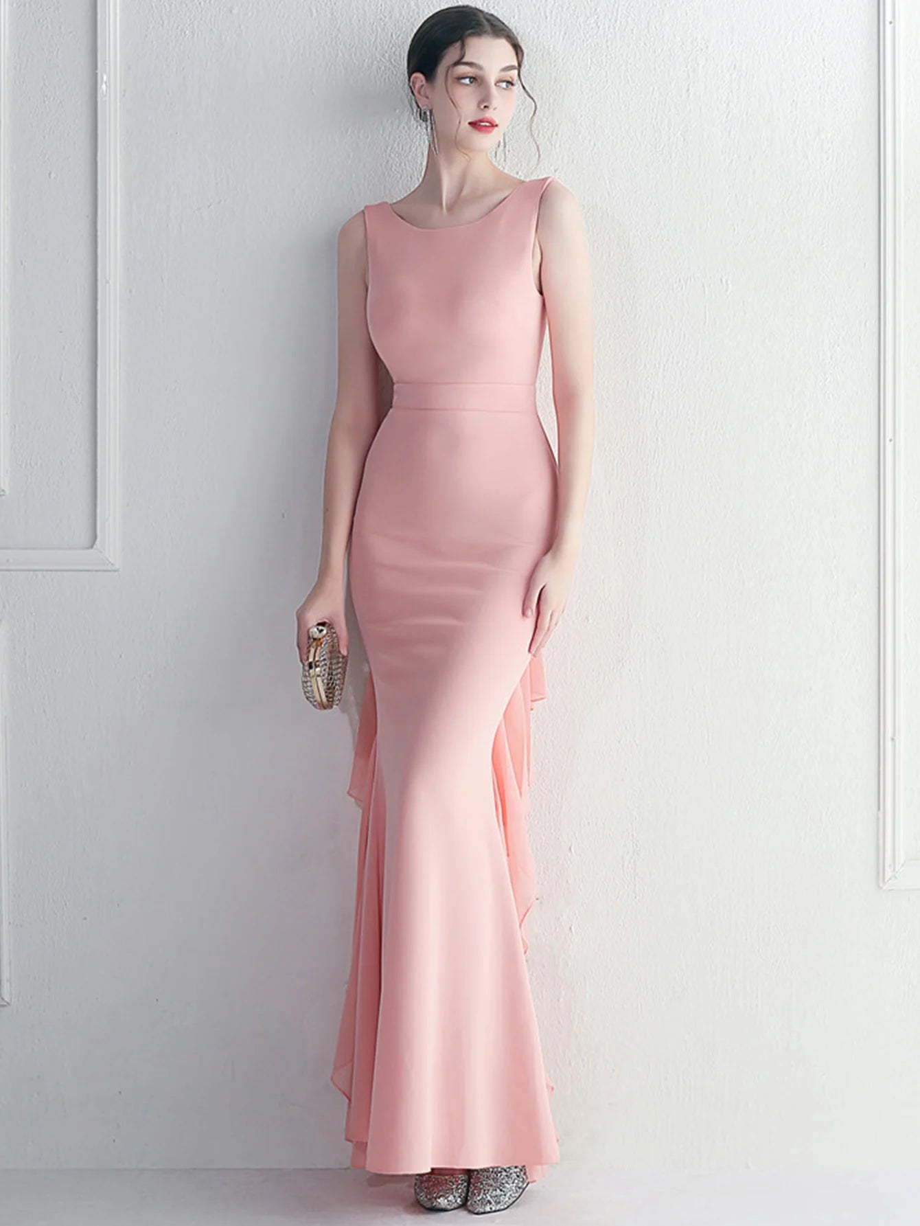 Elegant Chiffon Backless Rhinestone Wedding Prom Long Maxi Dress