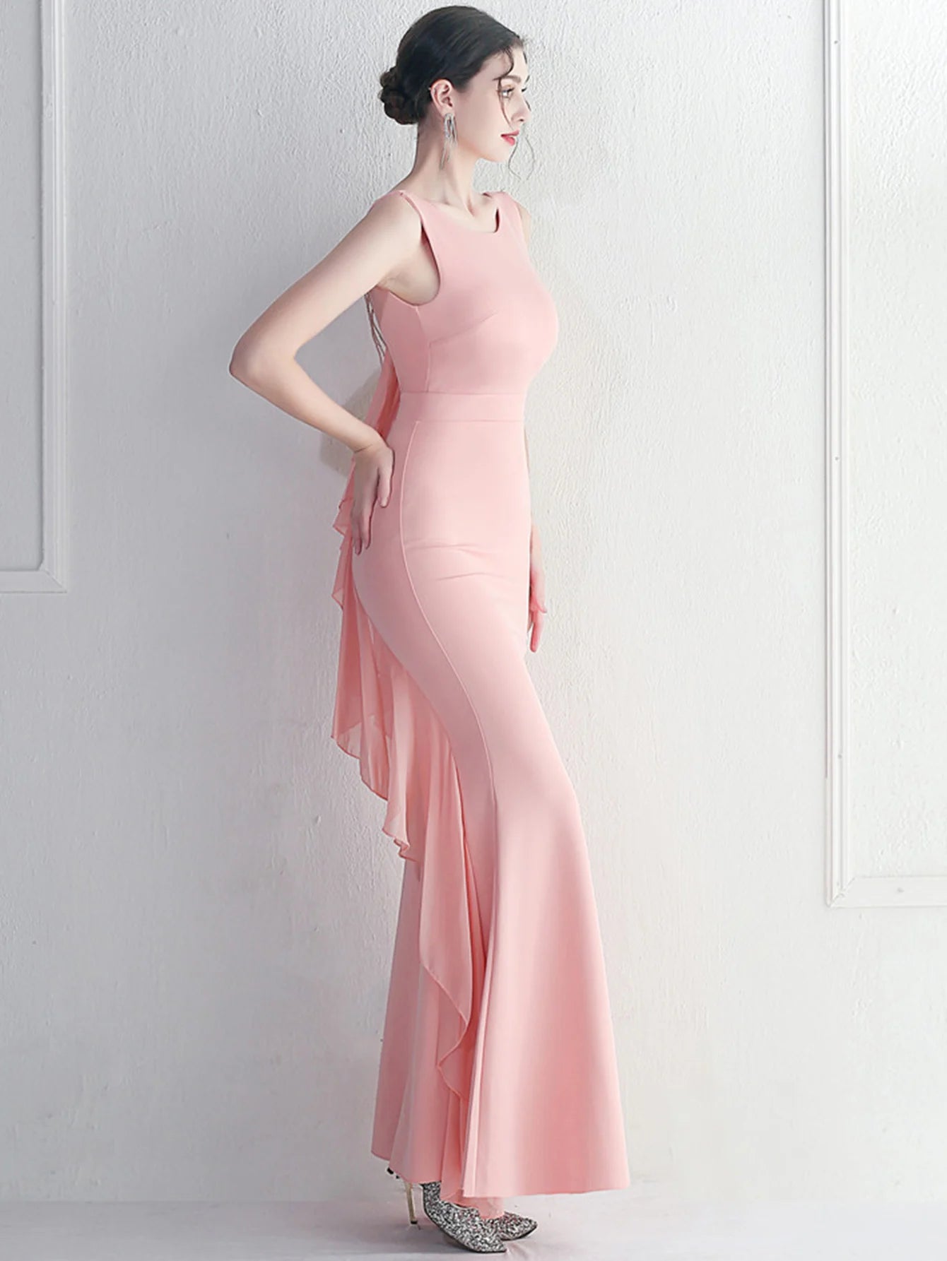 Elegant Chiffon Backless Rhinestone Wedding Prom Long Maxi Dress